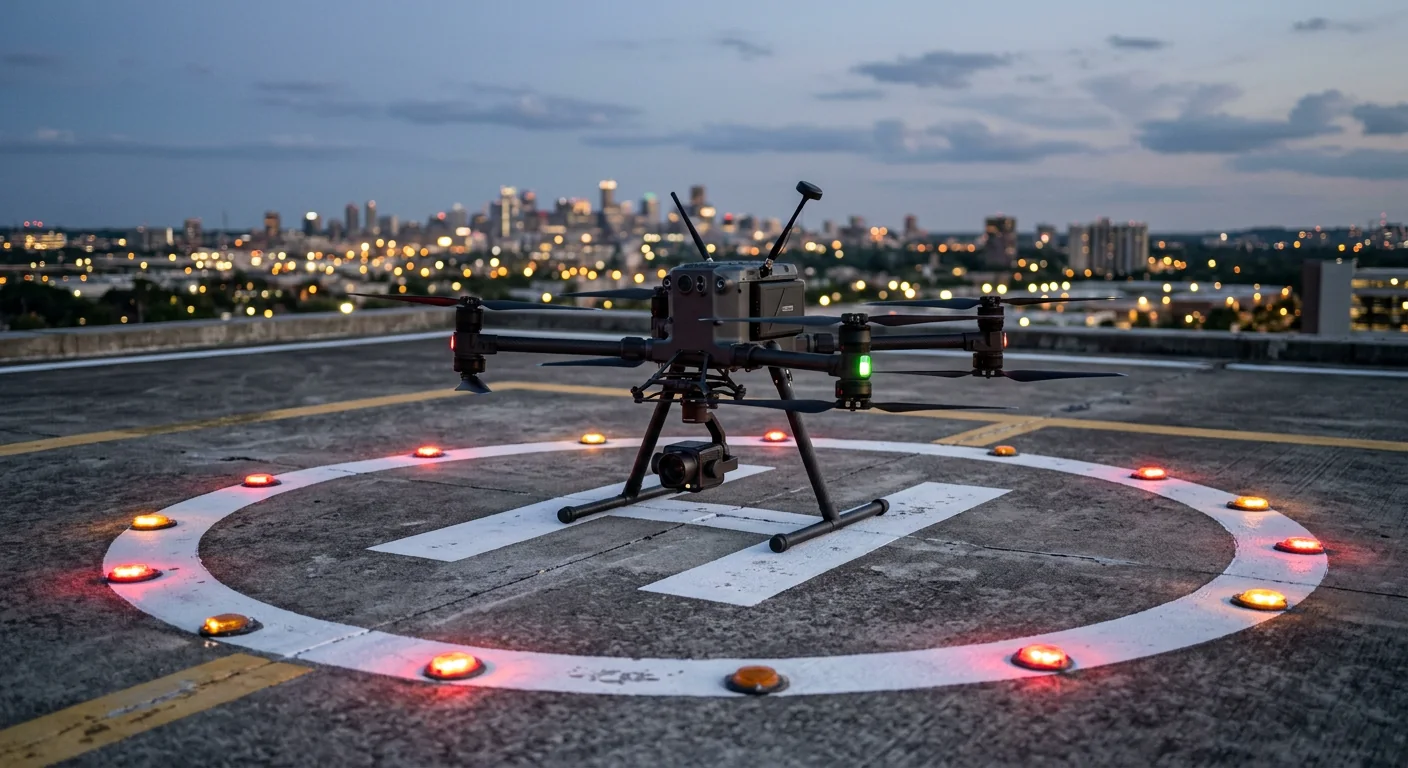 Inspection drone landing on an illuminated helipad